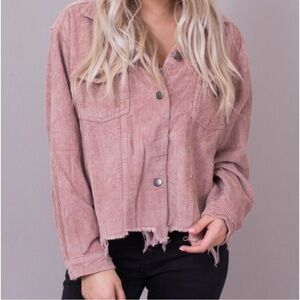 POL - Dusty Pink Corduroy Distressed Trucker Jacket - Size Large